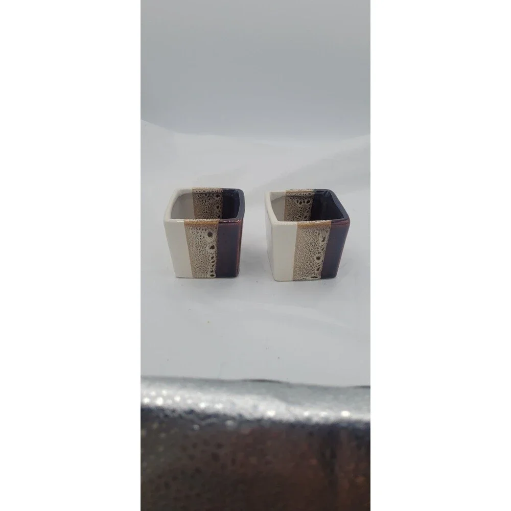 Pier 1 Imports Square Mugs Set of 2 Tri Color Glazed Stoneware Brown Tan